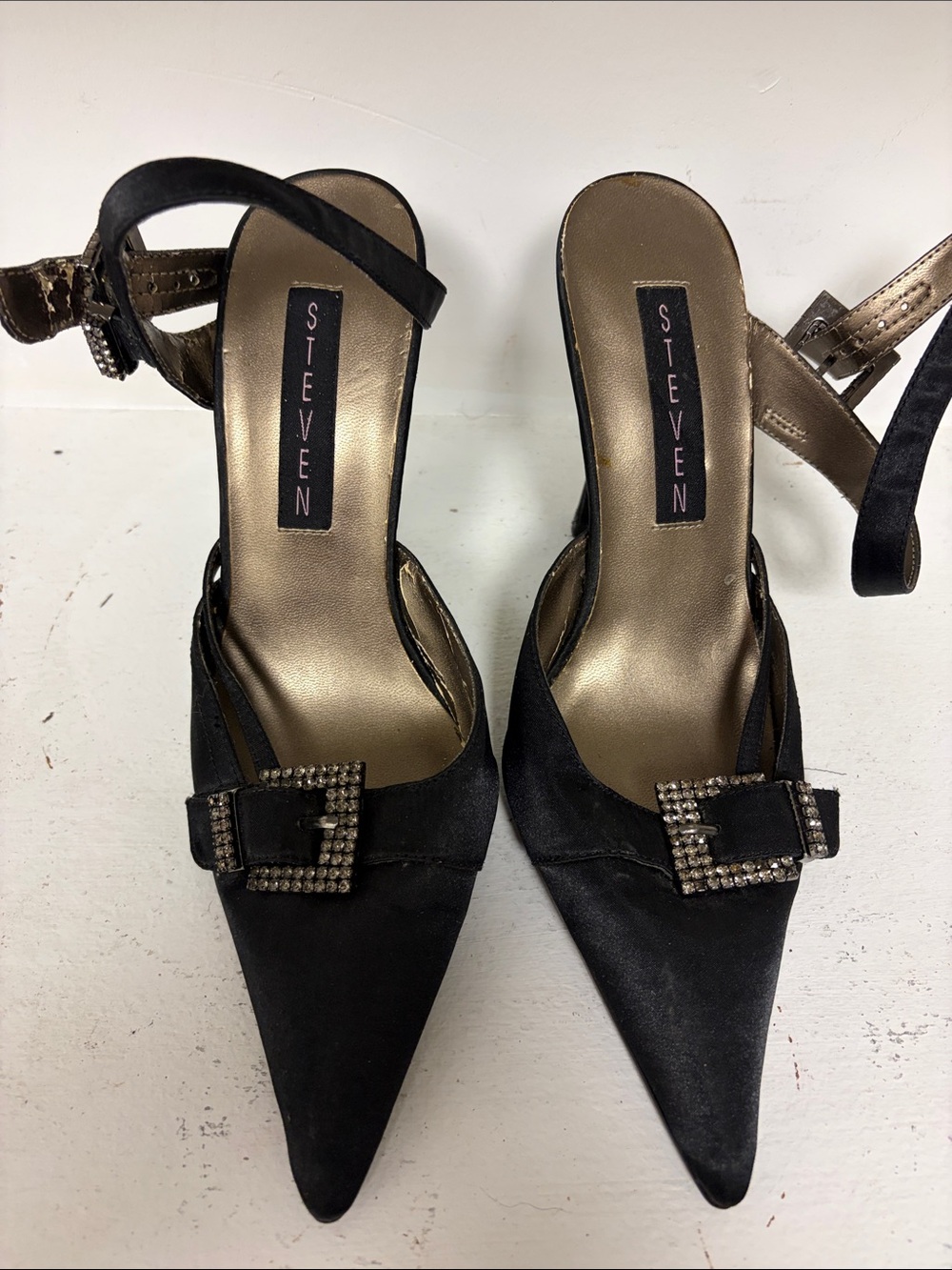 Steven brand authentic Black Pointed Toe Slingback Heels with Rhinestone Buckle